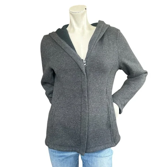 Eileen Fisher Dark Gray Fleece Lined Wool Blend Casual Hooded Zip Up Jacket XS - Picture 1 of 11